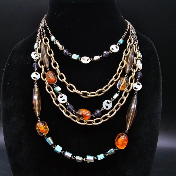 Lia Sophia St Lucia Multicolor Layered Bib Necklace Statement Orange Chain - Picture 6 of 8